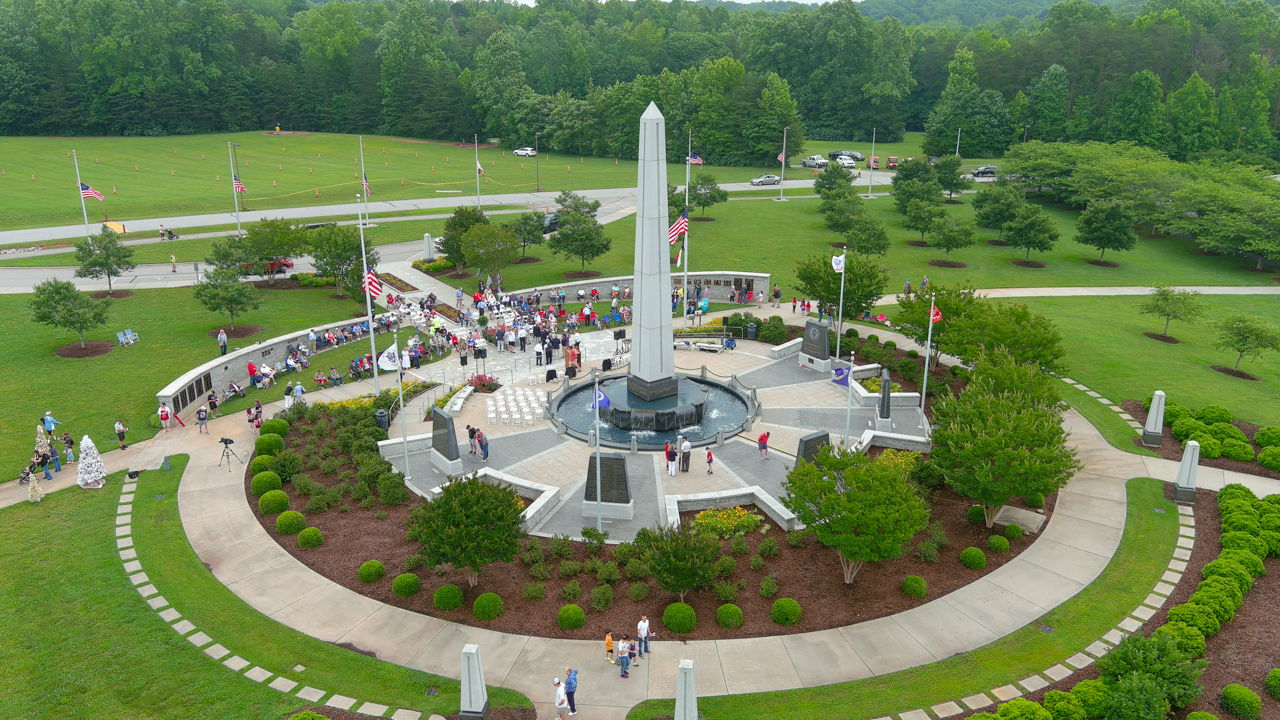 An aerial view of the circular memorial and surrounding park